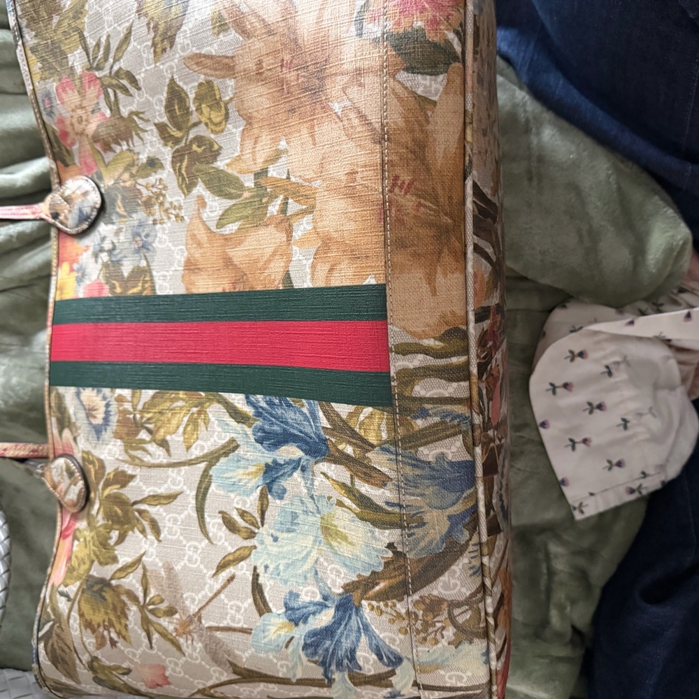 Gucci Floral Tote Bag with Red and Green Stripe